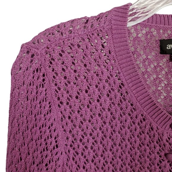 Avenue Size 14 16 Cardigan Open Knit Sweater Layering Purple Cotton 3/4 Sleeve - Picture 4 of 6